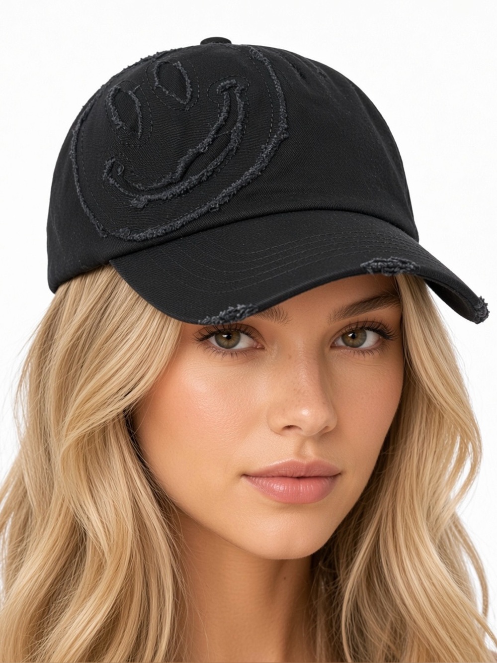 Steve Madden Black Distressed Smiley Baseball Cap
